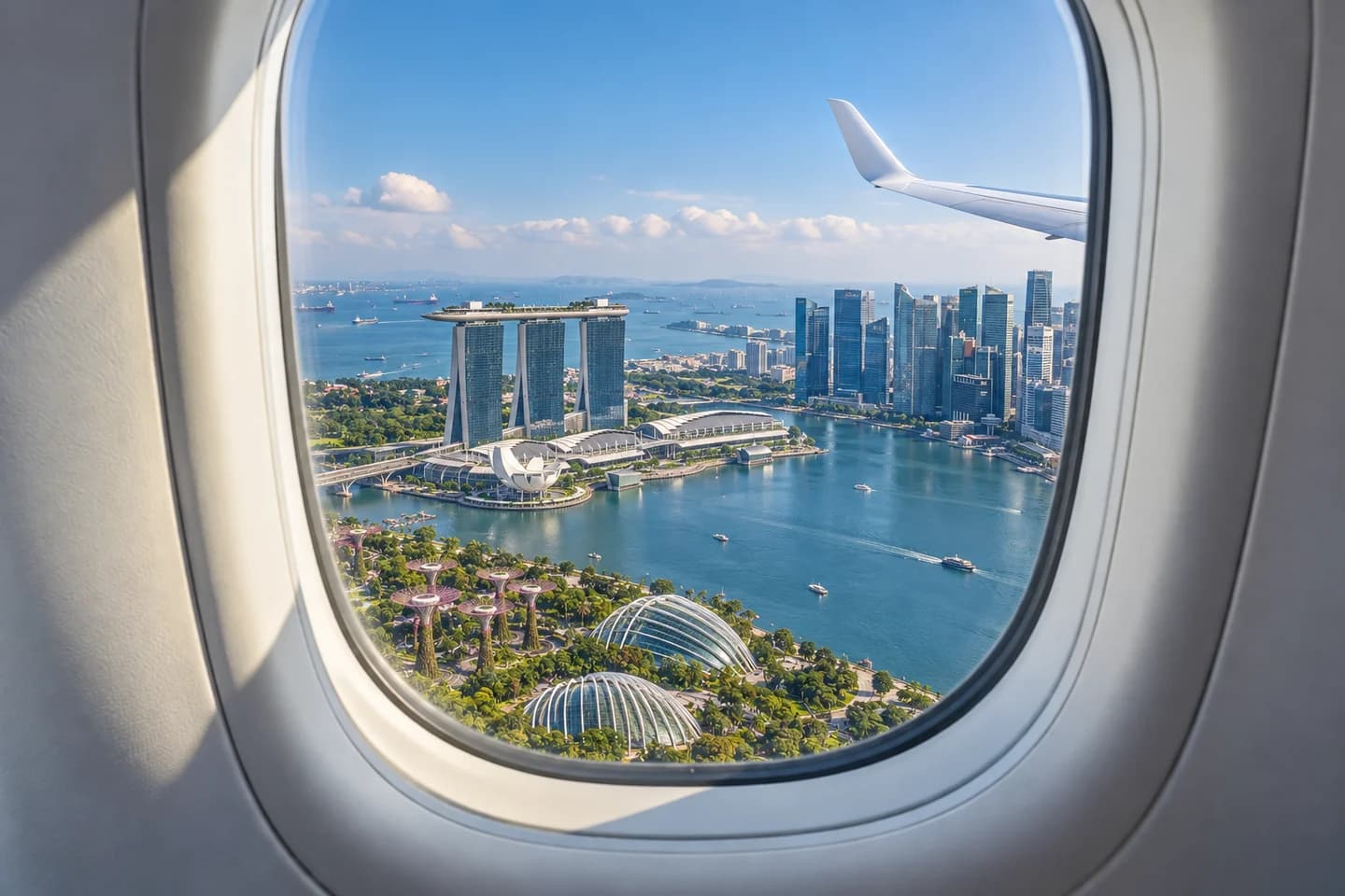 A view of Singapore Marina Bay through an airplane window